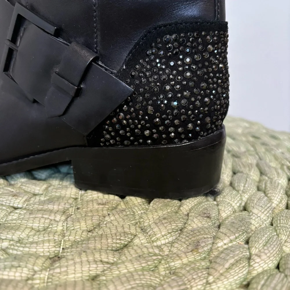 B Brian Atwood Dita Crystal Heel Black Leather Tall Moto Flat Boots